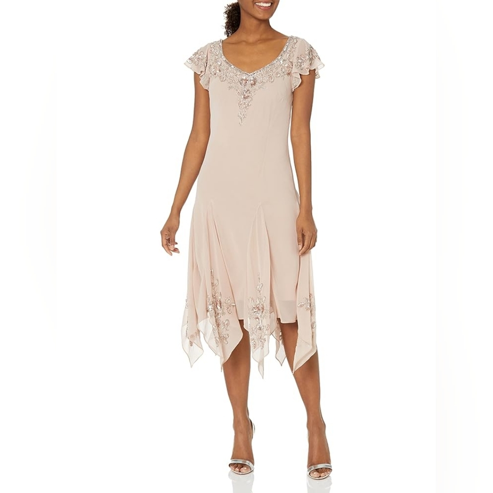 NWT J Kara Flutter Sleeve Beaded Short Cocktail Wedding Dress Blush 4